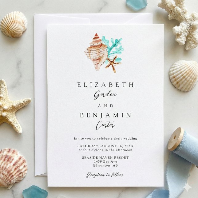 Elegant Coastal Seashell Watercolor Beach Wedding Invitation (Creator Uploaded)
