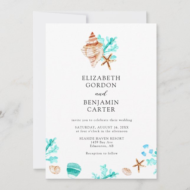Elegant Coastal Seashell Watercolor Beach Wedding Invitation (Front)