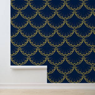 Elegant Coastal theme Golden shell pattern blue Wallpaper