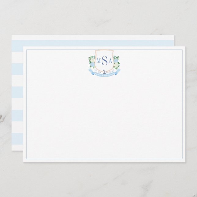 Elegant Coastal Three Letter Monogram Stationery Thank You Card (Front/Back)