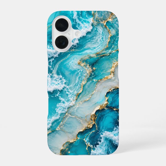 Elegant Coastal Wave Marble Gold Foil iPhone 16 Case (Back)