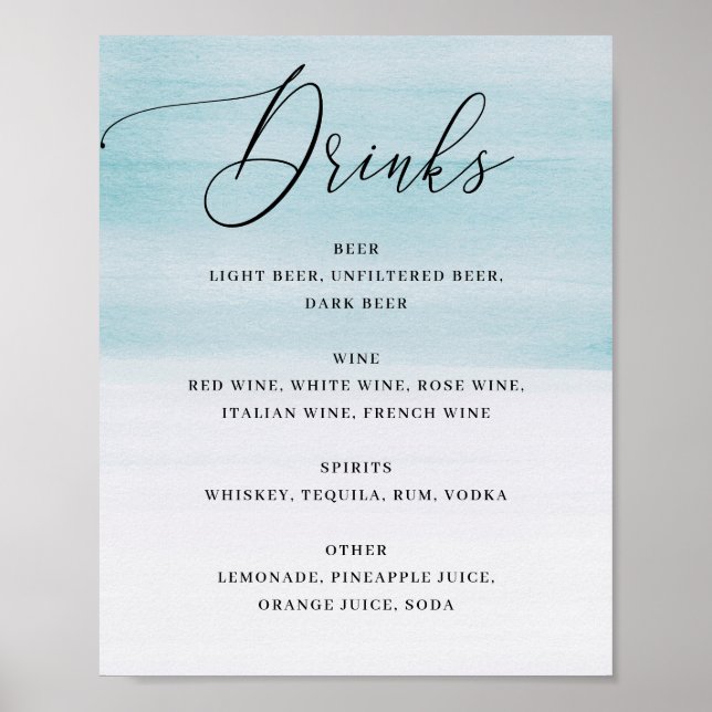 Elegant Coastal Wedding | Blue Watercolor Drinks Poster (Front)