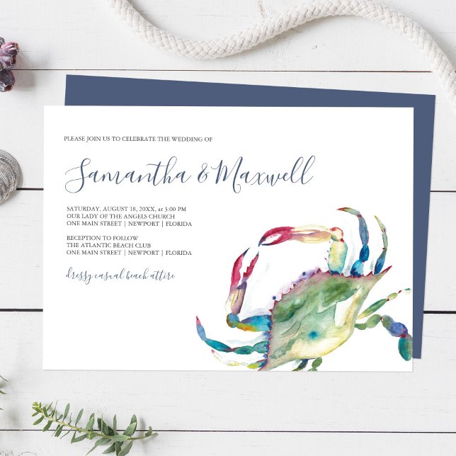 Elegant Coastal Wedding Invitation (Coastal wedding invitations feature watercolor blue crab art by Victoria Grigaliunas Do Tell A Belle)