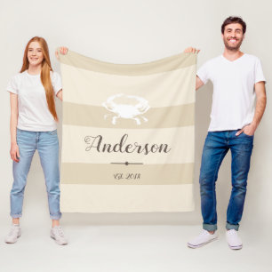 Elegant Coastal White Crab & Stripes Personalised Fleece Blanket
