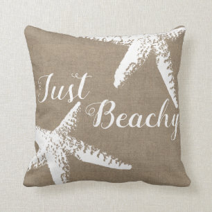Elegant Coastal White Starfish & Faux Burlap Cushion