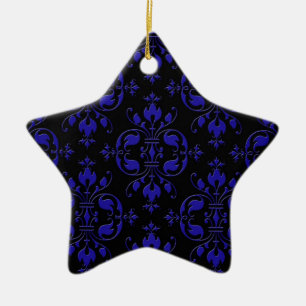 Elegant Cobalt Blue and Black Damask Ceramic Ornament