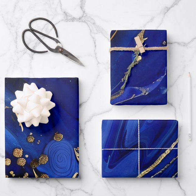 Elegant Cobalt Blue and Gold Alcohol Ink Patterns Wrapping Paper Sheet (Front)