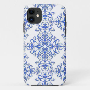 Elegant Cobalt Blue and White Floral Style Damask iPhone 11 Case