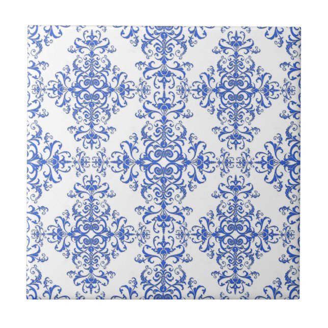 Elegant Cobalt Blue and White Floral Style Damask Ceramic Tile (Front)