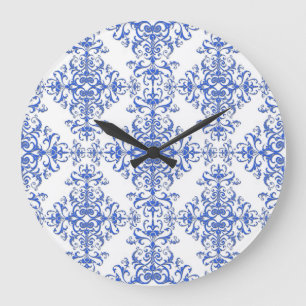 Elegant Cobalt Blue and White Floral Style Damask Large Clock