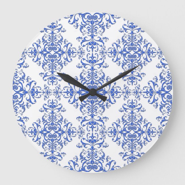 Elegant Cobalt Blue and White Floral Style Damask Large Clock (Front)