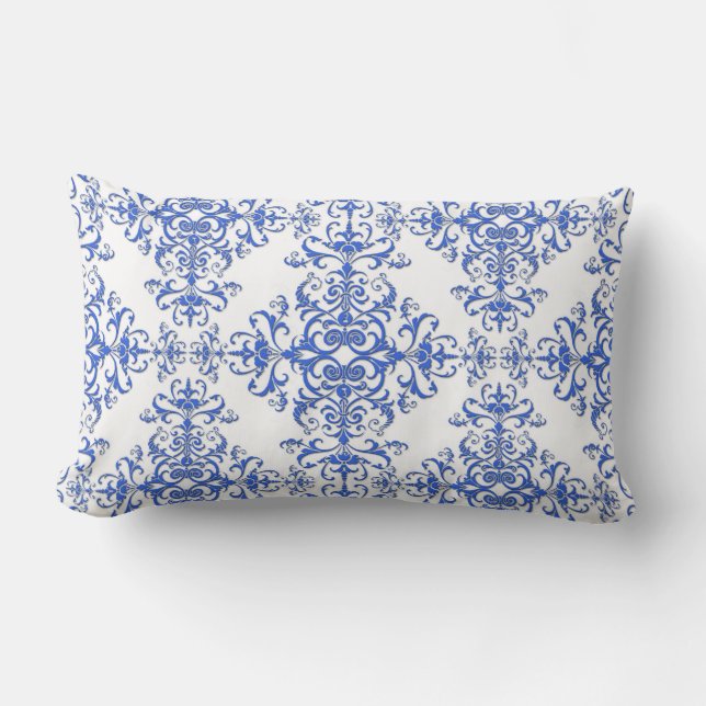 Elegant Cobalt Blue and White Floral Style Damask Lumbar Cushion (Front)