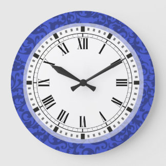 Elegant Cobalt Blue Damask Scrolls Large Clock