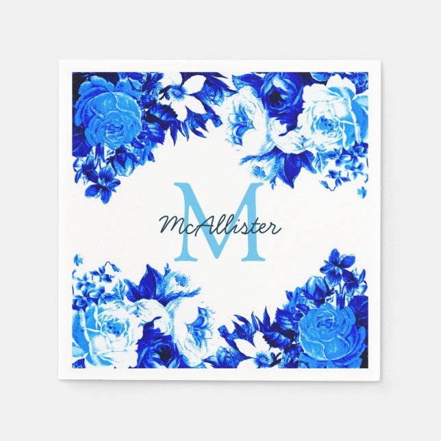 Elegant Cobalt Blue Flowers | Personalised Napkin (Front)