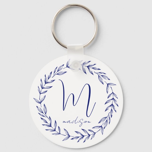 Elegant Cobalt Blue Personalised Monogram Keychain (Front)