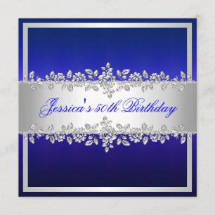 Elegant Cobalt Blue Silver Roses Birthday Party Invitation
