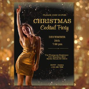 Elegant Cocktail Christmas Black Gold Party  Invitation