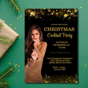 Elegant Cocktail Christmas Black Gold Party  Invitation
