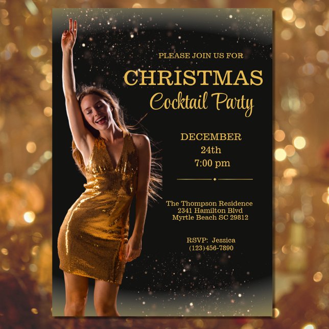 Elegant Cocktail Christmas Black Gold Party  Invitation (Creator Uploaded)