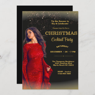 Elegant Cocktail Christmas Black Gold Red Party  Invitation