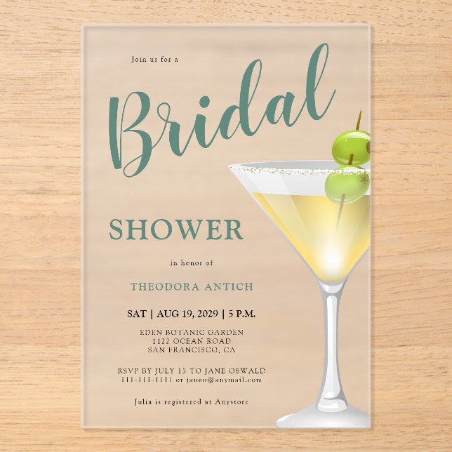  Elegant Cocktail Glass Bridal Shower Frosted Acrylic Invitations (Front)
