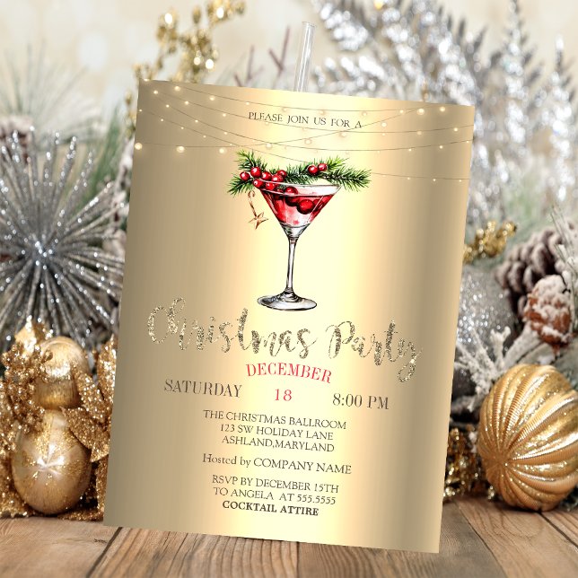Elegant Cocktail,String Lights Gold Christmas  Invitation (Creator Uploaded)