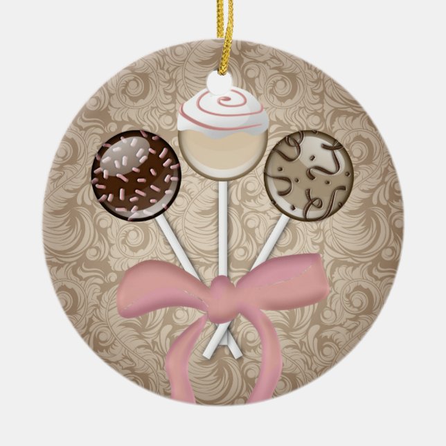 Elegant Cocoa Damask Cake Pop Ceramic Tree Decoration (Front)