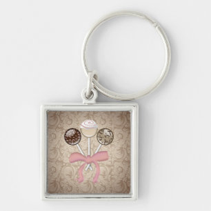 Elegant Cocoa Damask Cake Pop Key Ring