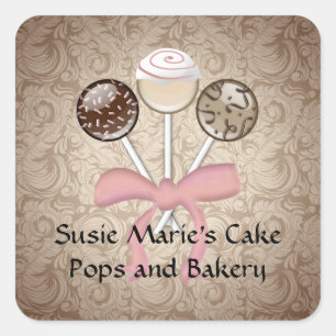 Elegant Cocoa Damask Cake Pop Square Sticker Label