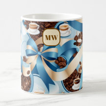 Elegant coffee blue ribbon bows monogram