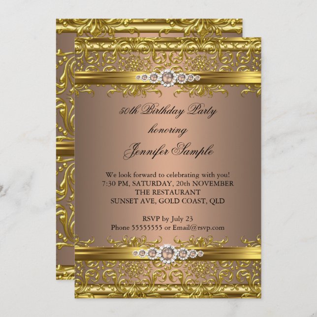 Elegant Coffee Brown Gold Damask Diamond Birthday Invitation (Front/Back)