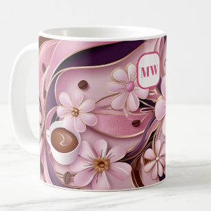 Elegant coffee pink flowers & ribbon monogram mug