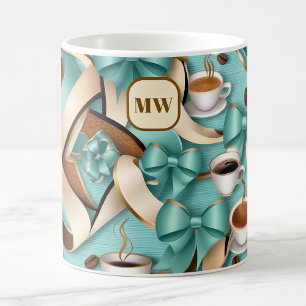Elegant coffee teal ribbon bows monogram mug