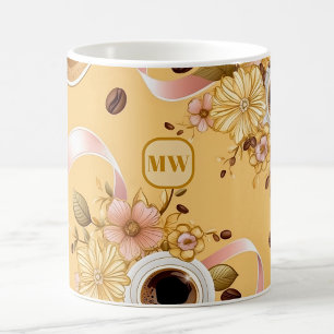 Elegant coffee yellow flowers & ribbon monogram coffee mug