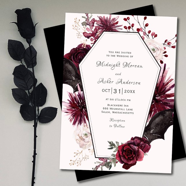 Elegant Coffin Floral Gothic Halloween Wedding Invitation (Creator Uploaded)
