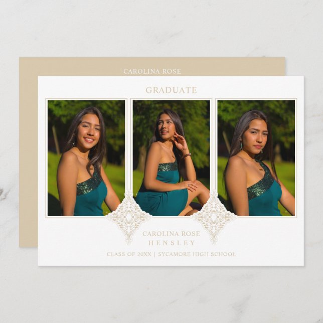 Elegant Collage Lace Romantic 3 Photos Graduation Invitation (Front/Back)