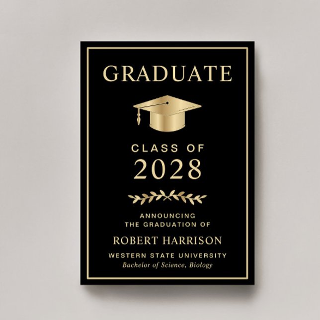 Elegant College Black Gold Graduation Announcement (Share the pride and excitement of your graduate's achievement with friends and family near and far)