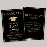 Elegant College Black Gold Graduation Party Invitation<br><div class="desc">Elegant black college graduation announcement and party invitation featuring a gold graduation cap and simple modern gold typography for the graduate's name,  class year,  college or university,  degree and major or honours. On the reverse side,  add the graduation details.</div>