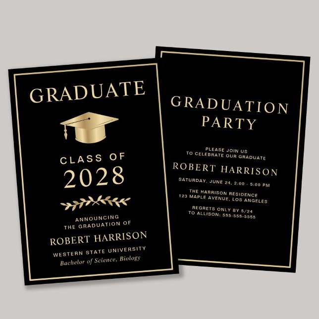 Elegant College Black Gold Graduation Party Invitation (An elegant college graduation party invitation to celebrate the graduate's achievements)