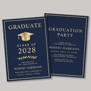Elegant College Blue Gold Graduation Party Invitation