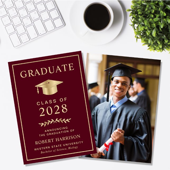 Elegant College Photo Burgundy Gold Graduation Announcement (Creator Uploaded)