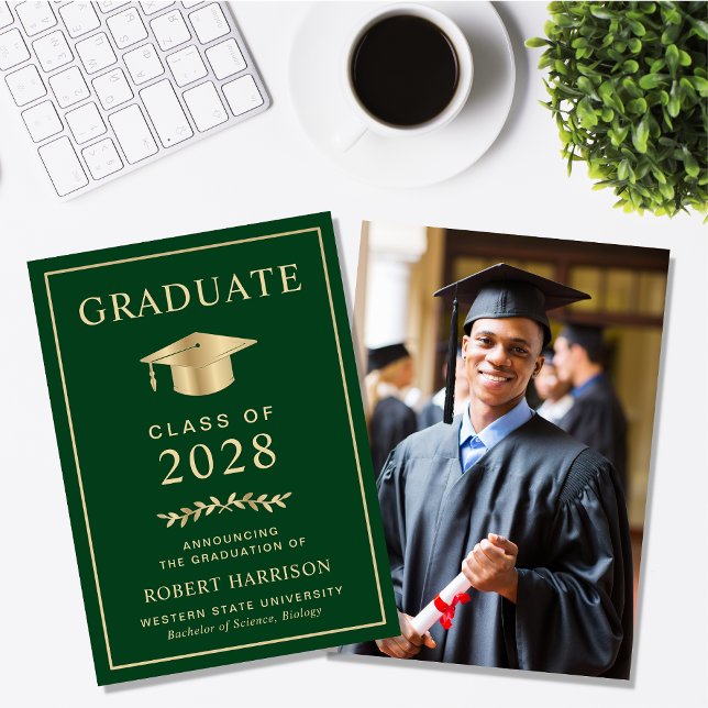 Elegant College Photo Green Gold Graduation Announcement (Creator Uploaded)