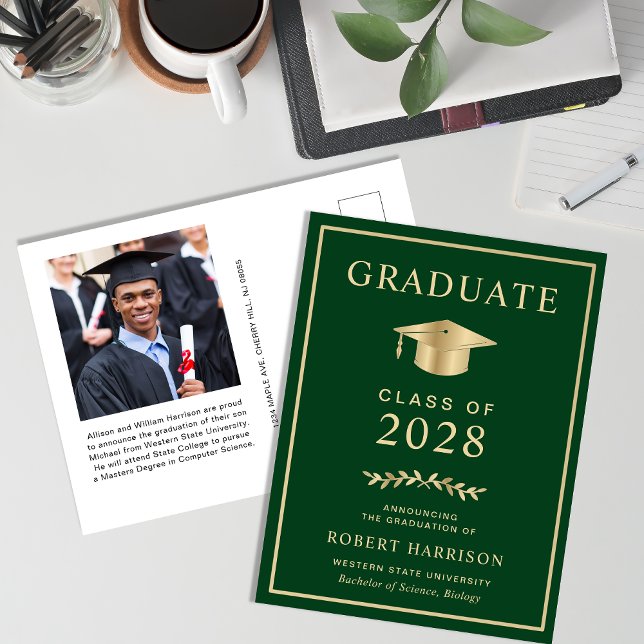 Elegant College Photo Green Gold Graduation Announcement Postcard (Creator Uploaded)
