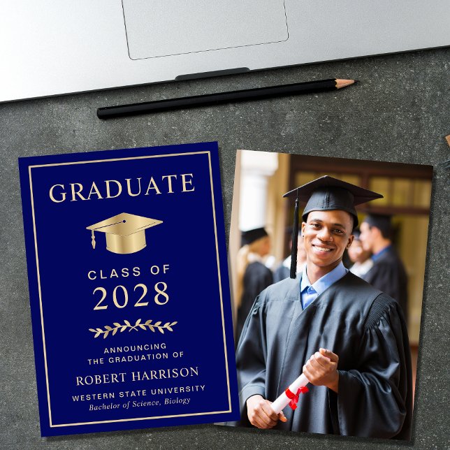 Elegant College Photo Navy Blue Gold Graduation Announcement (Creator Uploaded)