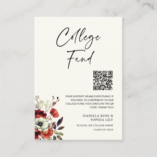 Elegant College Twins Graduation Fund QR Code Enclosure Card (Front)