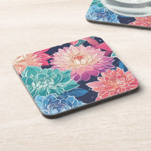Elegant Colorful Dahlia Flowers on Dark Background Coaster