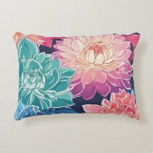 Elegant Colorful Dahlia Flowers on Dark Background Decorative Cushion