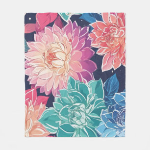 Elegant Colorful Dahlia Flowers on Dark Background Fleece Blanket