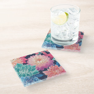 Elegant Colorful Dahlia Flowers on Dark Background Glass Coaster
