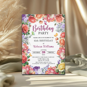 Elegant Colorful Floral 65th Birthday Party Invitation